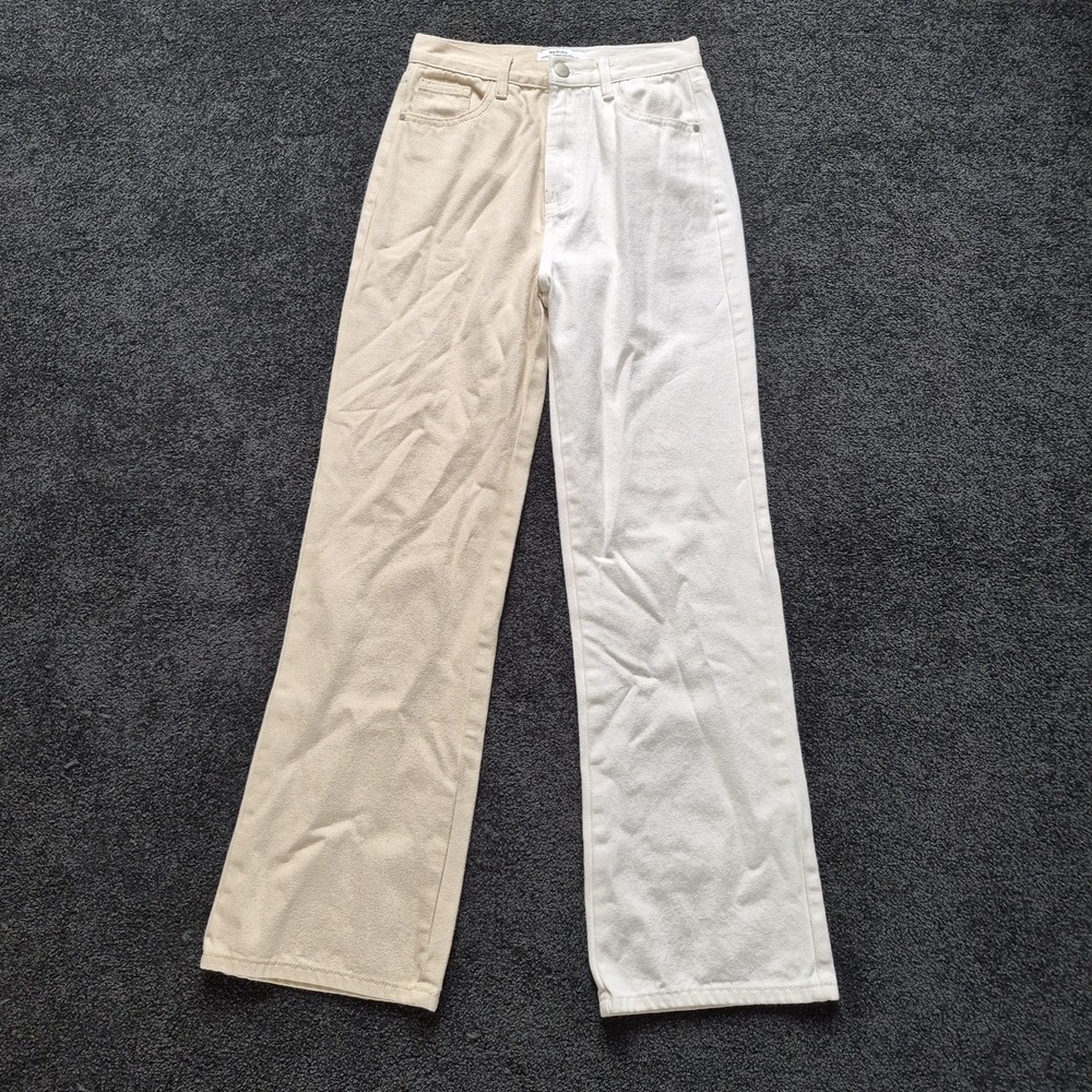 Redial Premium Denim Two Tone Color Block Wide Leg Jeans Cream White RD1603 36/S